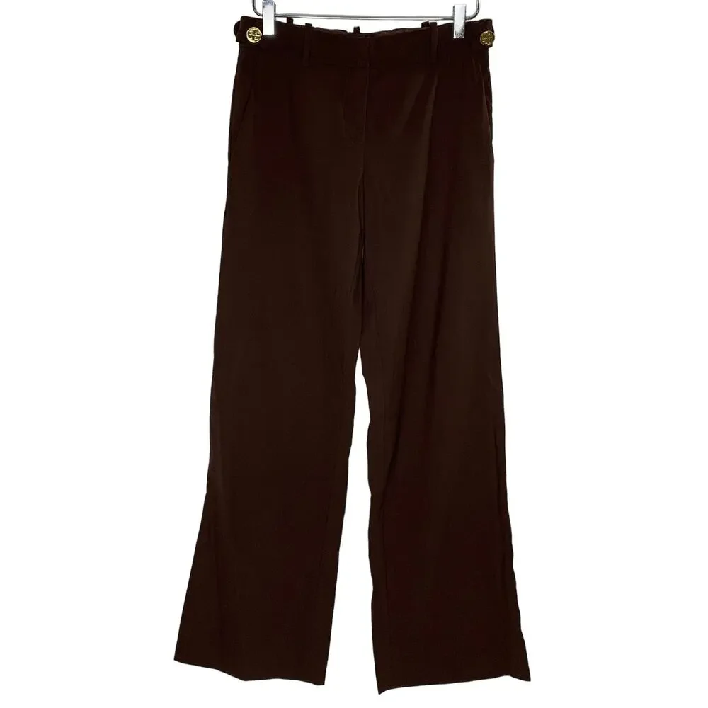 Tory Burch 4 Womens Chocolate Brown Straight Leg Trousers Logo Detail Waist